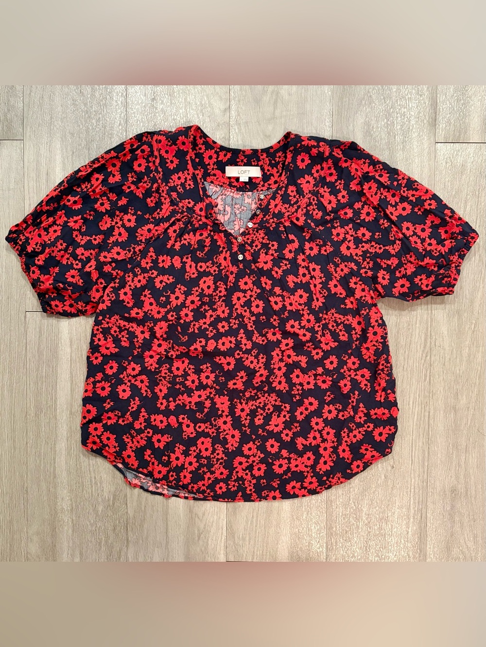 LOFT Navy Top with Red Floral Print Puff Sleeves